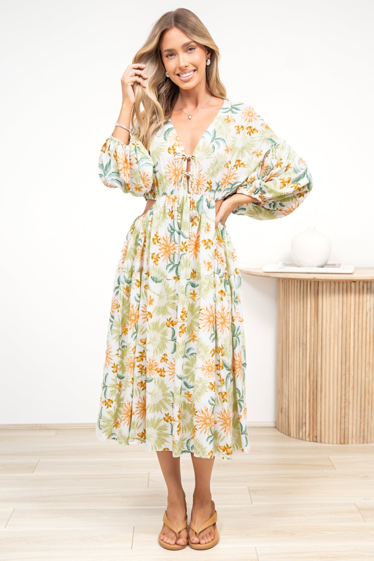 Sona Midi Dress - V Neck Cut Out Detail A Line Dress in LaBella Print