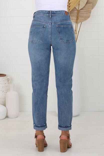 Sonny Jeans - Straight Leg High Waisted Jeans with Slight Stretch in Mid Wash Denim