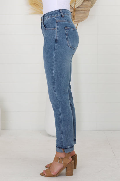 Sonny Jeans - Straight Leg High Waisted Jeans with Slight Stretch in Mid Wash Denim