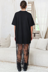 Sonoma T-Shirt Maxi Dress - Oversized Short Sleeve Dress with Lace Skirt in Black