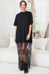 Sonoma T-Shirt Maxi Dress - Oversized Short Sleeve Dress with Lace Skirt in Black