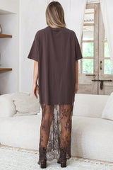 Sonoma T-Shirt Maxi Dress - Oversized Short Sleeve Dress with Lace Skirt in Chocolate