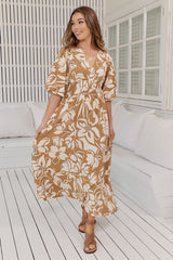 JAASE - Sonya Maxi Dress: Deep V Neck Shirred Waistband A Line Dress in Champagne Mist Print