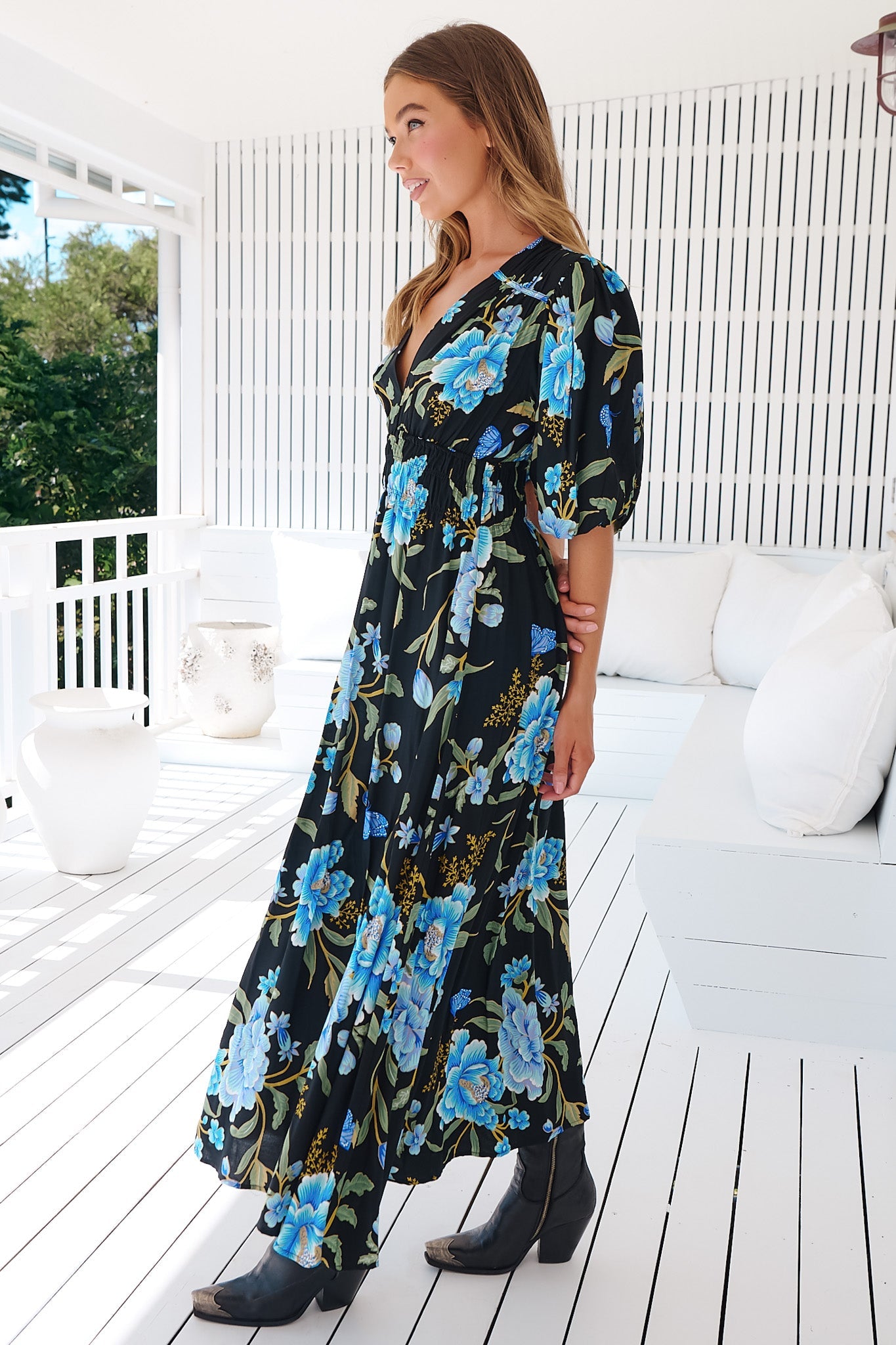 JAASE - Sonya Maxi Dress: Deep V Neck Shirred Waistband A Line Dress in Midnight Sapphire Print