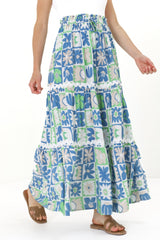 Sonya Maxi Skirt: High Waisted Rick Rack Splicing Tiered Skirt in Nissa Print Blue