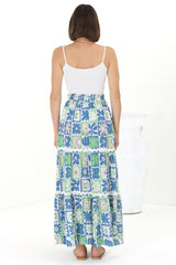 Sonya Maxi Skirt: High Waisted Rick Rack Splicing Tiered Skirt in Nissa Print Blue