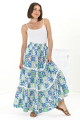 Sonya Maxi Skirt: High Waisted Rick Rack Splicing Tiered Skirt in Nissa Print Blue