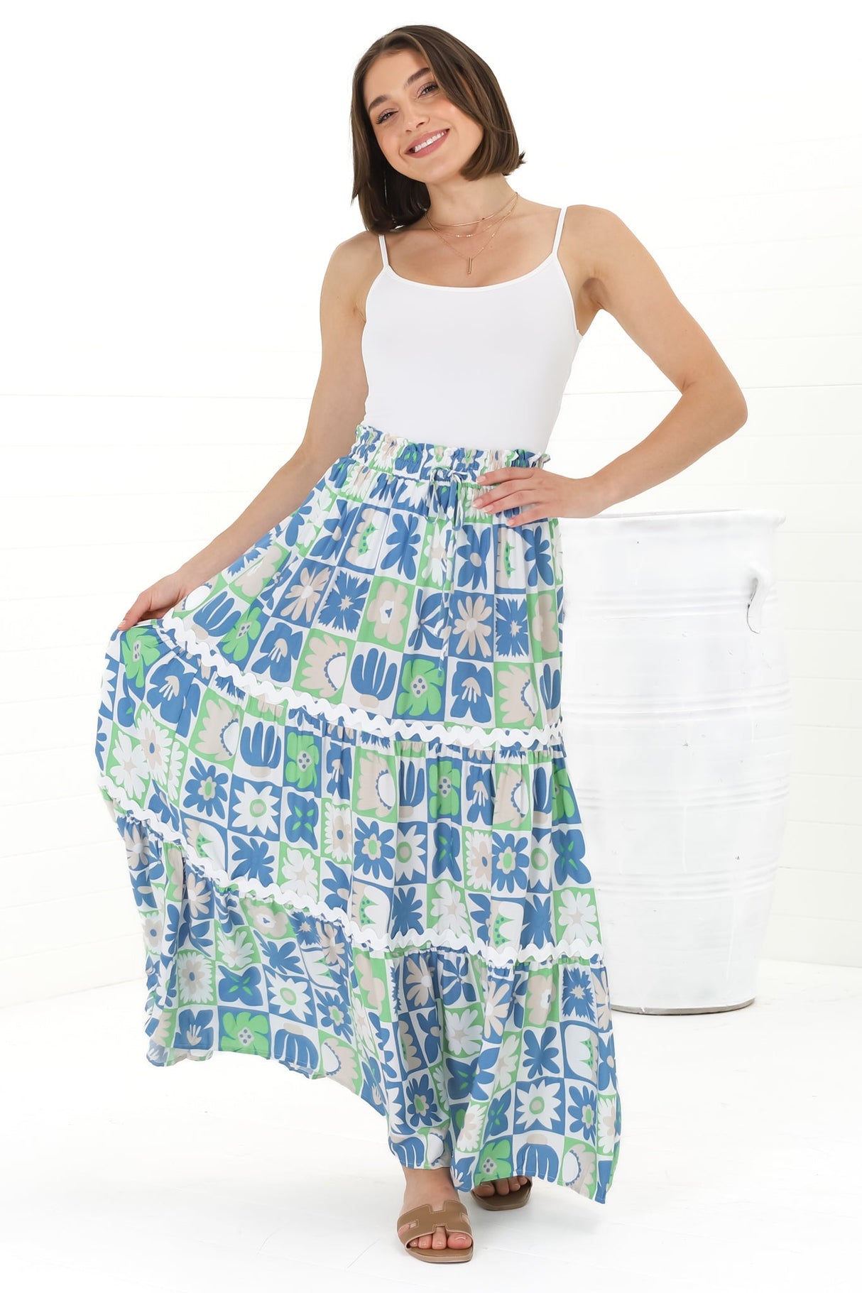 Sonya Maxi Skirt: High Waisted Rick Rack Splicing Tiered Skirt in Nissa Print Blue