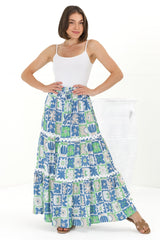 Sonya Maxi Skirt: High Waisted Rick Rack Splicing Tiered Skirt in Nissa Print Blue