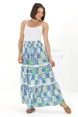 Sonya Maxi Skirt: High Waisted Rick Rack Splicing Tiered Skirt in Nissa Print Blue