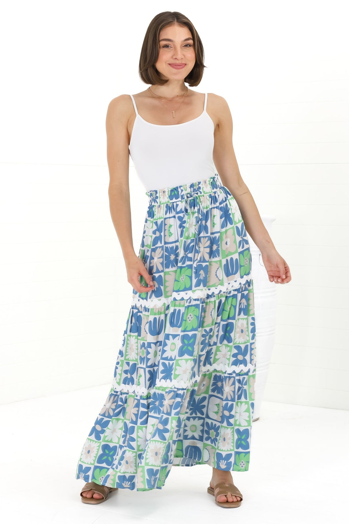 Sonya Maxi Skirt: High Waisted Rick Rack Splicing Tiered Skirt in Nissa Print Blue