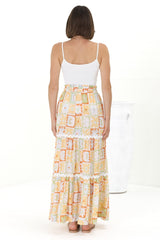 Sonya Maxi Skirt: High Waisted Rick Rack Splicing Tiered Skirt in Nissa Print Yellow