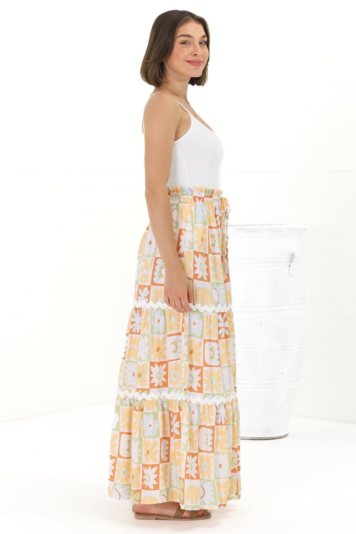 Sonya Maxi Skirt: High Waisted Rick Rack Splicing Tiered Skirt in Nissa Print Yellow