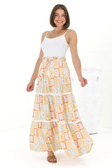 Sonya Maxi Skirt: High Waisted Rick Rack Splicing Tiered Skirt in Nissa Print Yellow