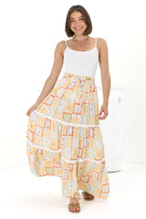 Sonya Maxi Skirt: High Waisted Rick Rack Splicing Tiered Skirt in Nissa Print Yellow