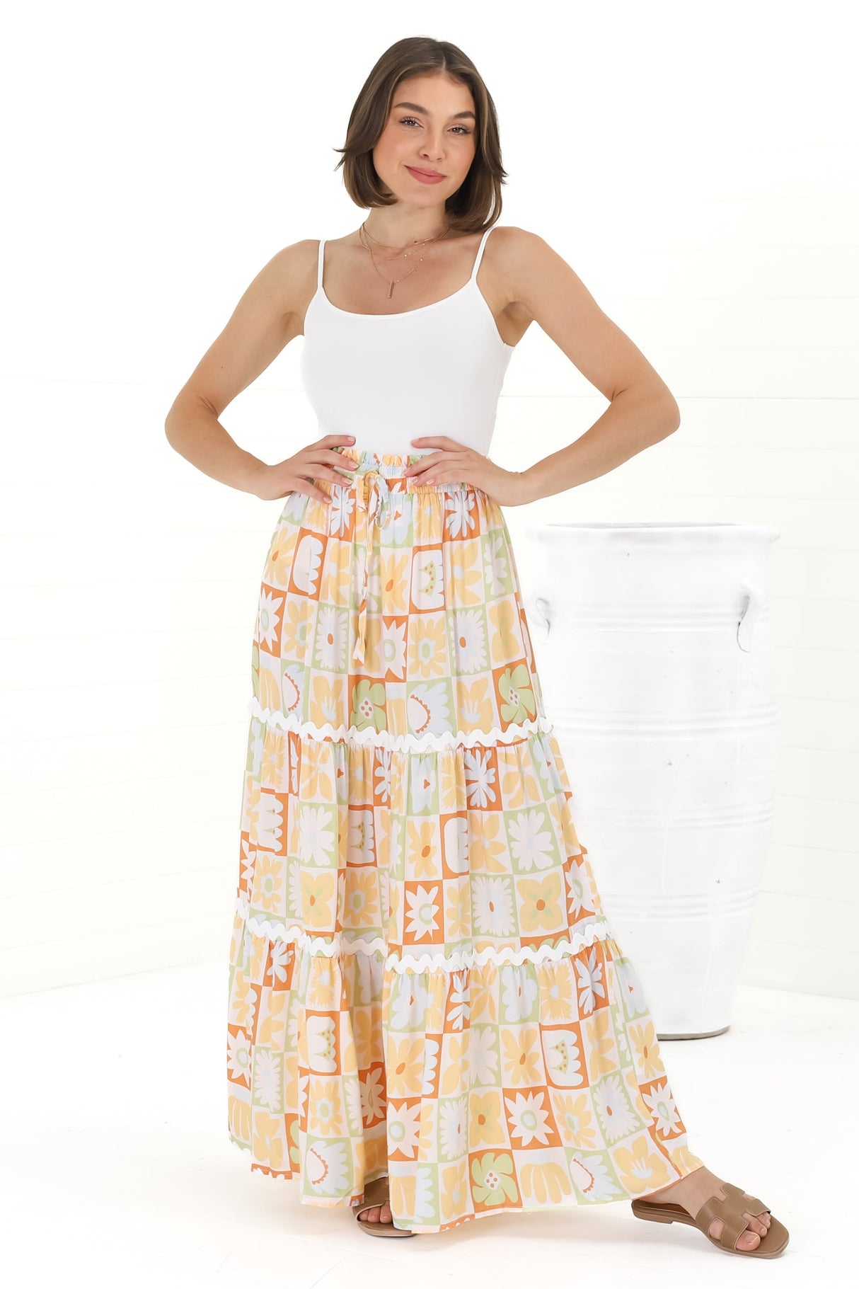 Sonya Maxi Skirt: High Waisted Rick Rack Splicing Tiered Skirt in Nissa Print Yellow