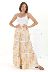 Sonya Maxi Skirt: High Waisted Rick Rack Splicing Tiered Skirt in Nissa Print Yellow