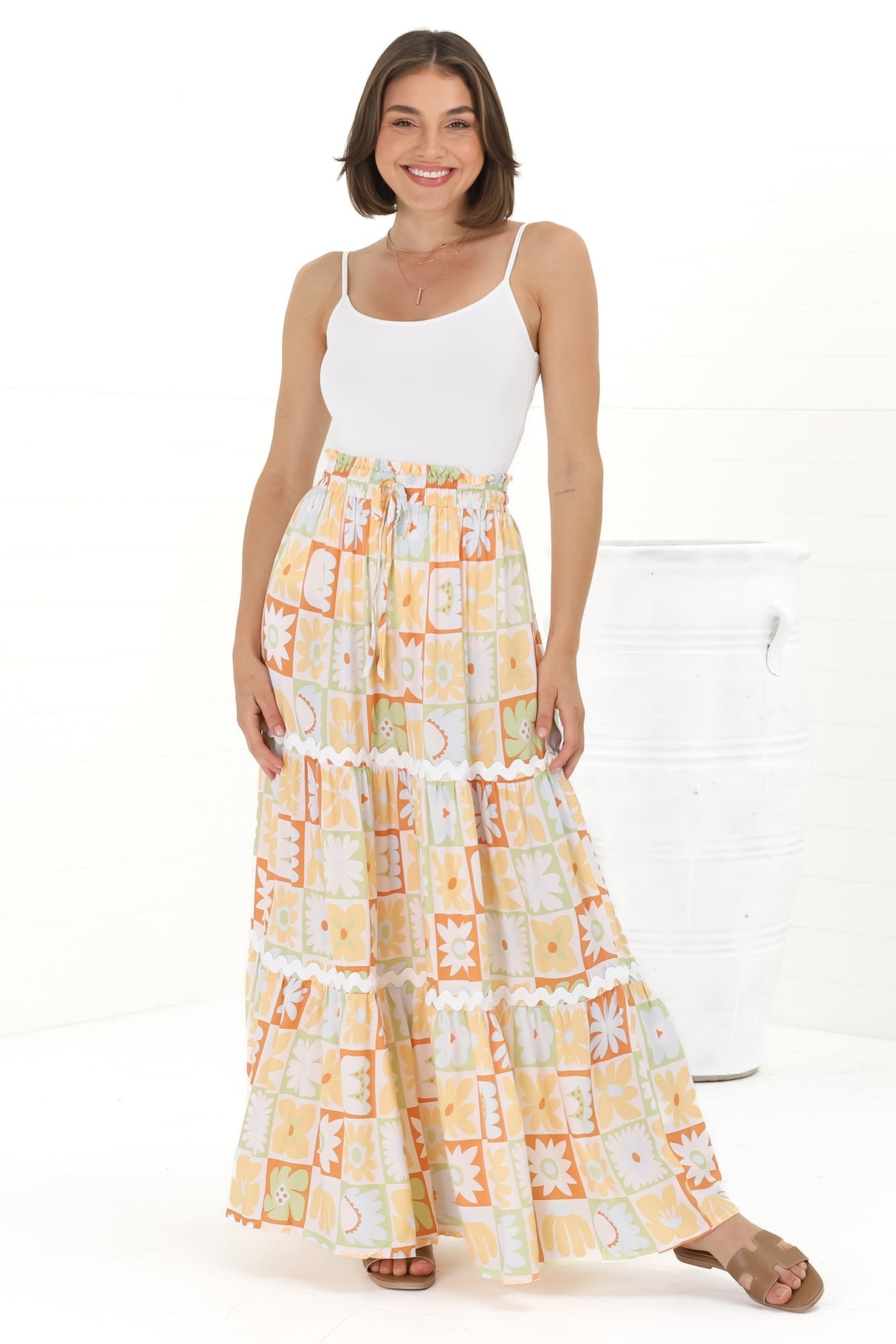 Sonya Maxi Skirt: High Waisted Rick Rack Splicing Tiered Skirt in Nissa Print Yellow