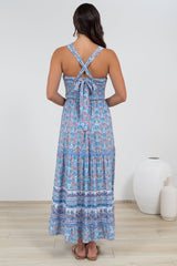 Sophea Midi Dress - Adjustable Strap Tiered Ric Rac Spliced Sun Dress in Iolana Print