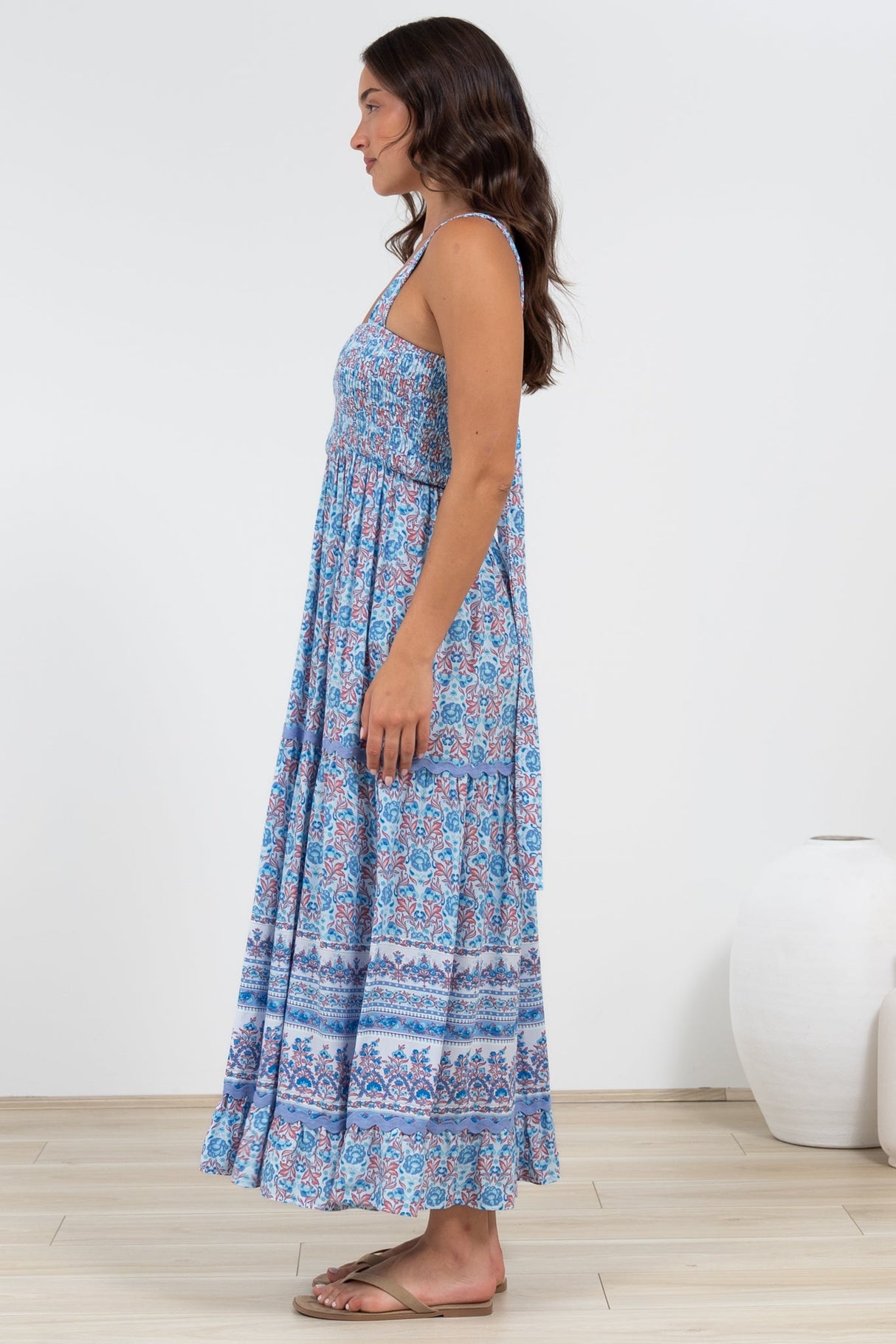 Sophea Midi Dress - Adjustable Strap Tiered Ric Rac Spliced Sun Dress in Iolana Print
