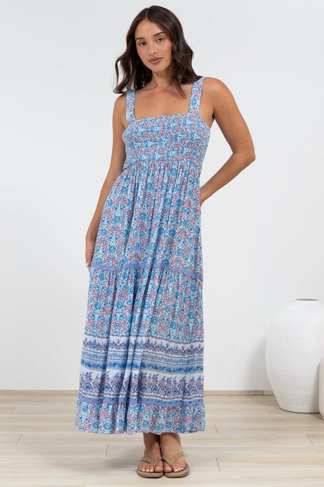 Sophea Midi Dress - Adjustable Strap Tiered Ric Rac Spliced Sun Dress in Iolana Print