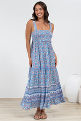 Sophea Midi Dress - Adjustable Strap Tiered Ric Rac Spliced Sun Dress in Iolana Print
