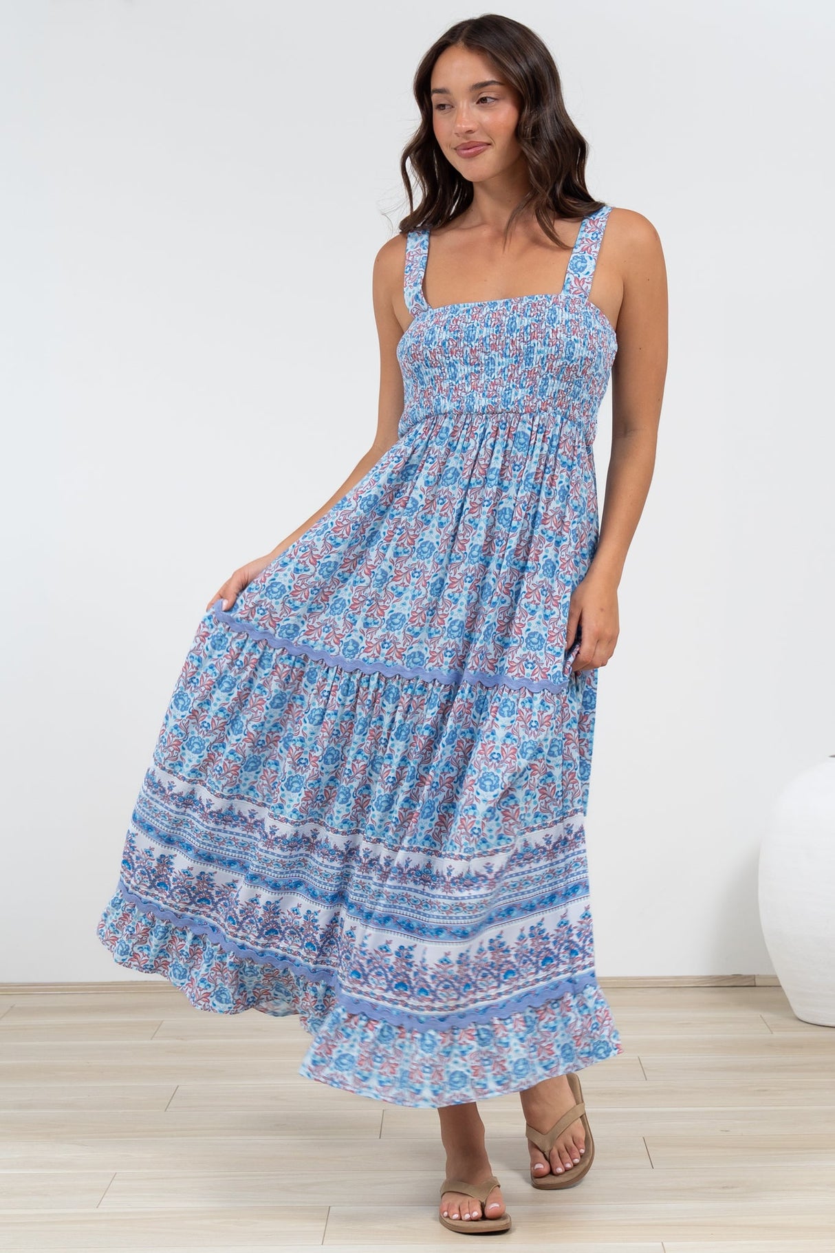 Sophea Midi Dress - Adjustable Strap Tiered Ric Rac Spliced Sun Dress in Iolana Print