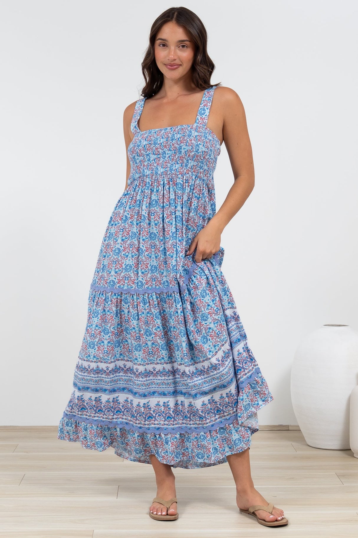 Sophea Midi Dress - Adjustable Strap Tiered Ric Rac Spliced Sun Dress in Iolana Print