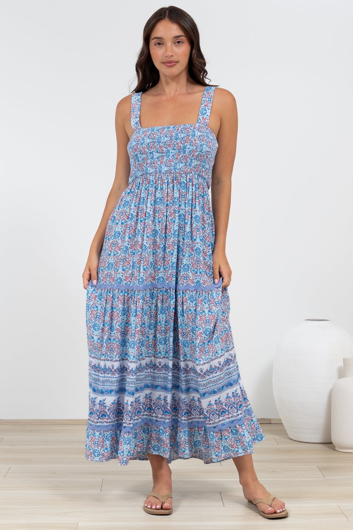 Sophea Midi Dress - Adjustable Strap Tiered Ric Rac Spliced Sun Dress in Iolana Print