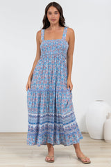 Sophea Midi Dress - Adjustable Strap Tiered Ric Rac Spliced Sun Dress in Iolana Print