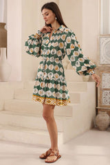 Sophie Mini Dress - Collared Shirt Pintuck Bodice Balloon Sleeve Dress with Waist Tie in Cabana Print