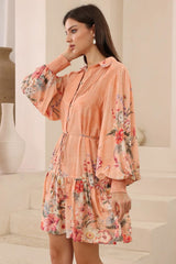 Sophie Mini Dress - Collared Shirt Pintuck Bodice Balloon Sleeve Dress with Waist Tie in Evette Print