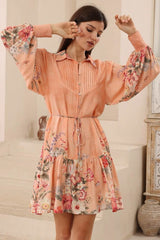 Sophie Mini Dress - Collared Shirt Pintuck Bodice Balloon Sleeve Dress with Waist Tie in Evette Print