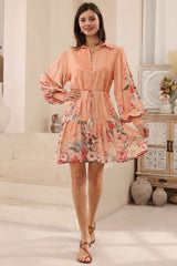 Sophie Mini Dress - Collared Shirt Pintuck Bodice Balloon Sleeve Dress with Waist Tie in Evette Print