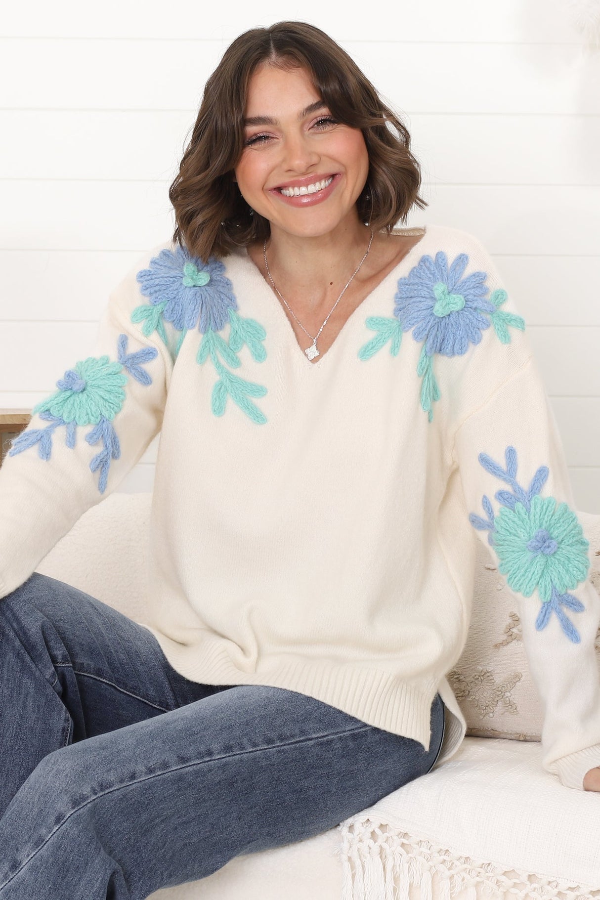 Soraya Jumper - Embroidered Flower Detail V Neck Jumper in Cream