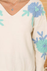 Soraya Jumper - Embroidered Flower Detail V Neck Jumper in Cream