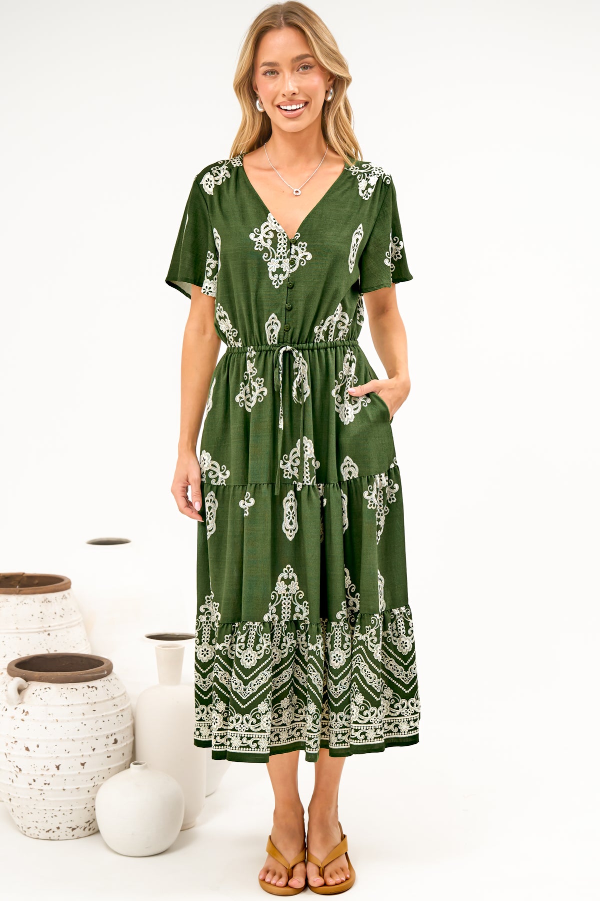 Soraya Midi Dress - V Neck Front Button A Line Dress with Adjustable Waist Tie in Azzurra Print Green