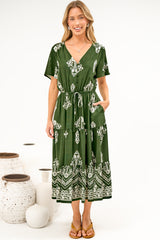 Soraya Midi Dress - V Neck Front Button A Line Dress with Adjustable Waist Tie in Azzurra Print Green