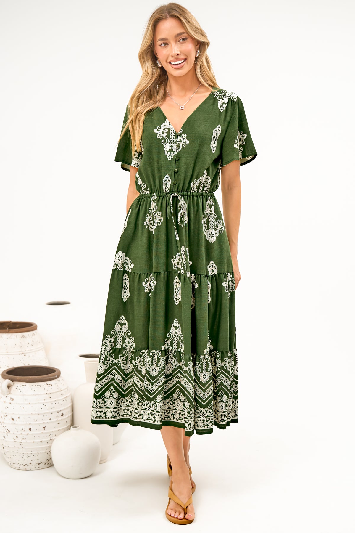 Soraya Midi Dress - V Neck Front Button A Line Dress with Adjustable Waist Tie in Azzurra Print Green