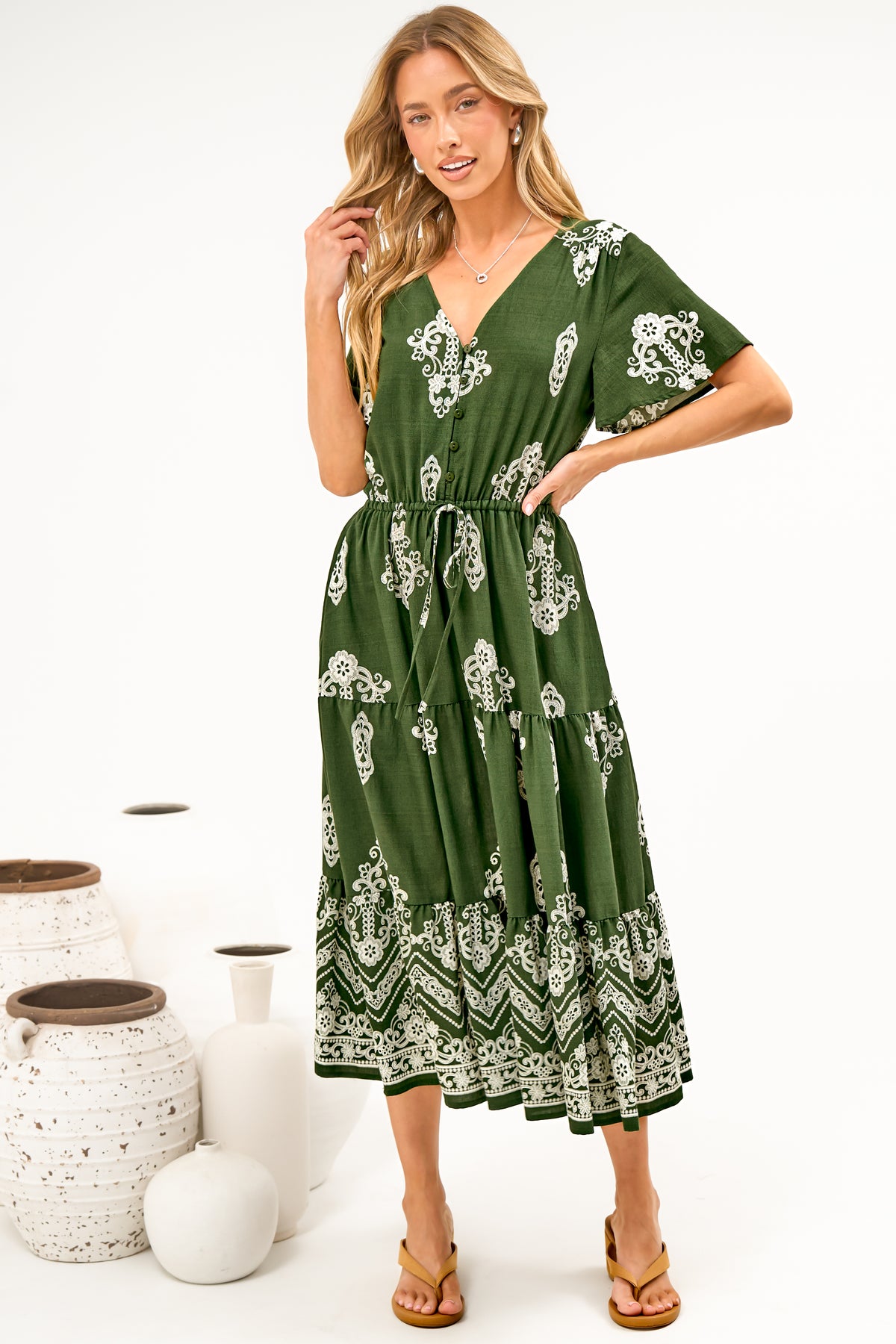 Soraya Midi Dress - V Neck Front Button A Line Dress with Adjustable Waist Tie in Azzurra Print Green