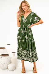 Soraya Midi Dress - V Neck Front Button A Line Dress with Adjustable Waist Tie in Azzurra Print Green