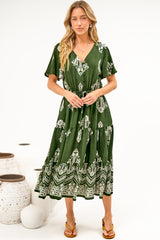 Soraya Midi Dress - V Neck Front Button A Line Dress with Adjustable Waist Tie in Azzurra Print Green