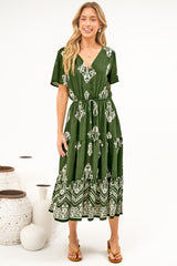Soraya Midi Dress - V Neck Front Button A Line Dress with Adjustable Waist Tie in Azzurra Print Green