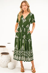 Soraya Midi Dress - V Neck Front Button A Line Dress with Adjustable Waist Tie in Azzurra Print Green