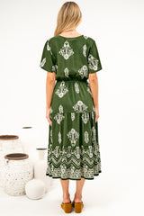 Soraya Midi Dress - V Neck Front Button A Line Dress with Adjustable Waist Tie in Azzurra Print Green
