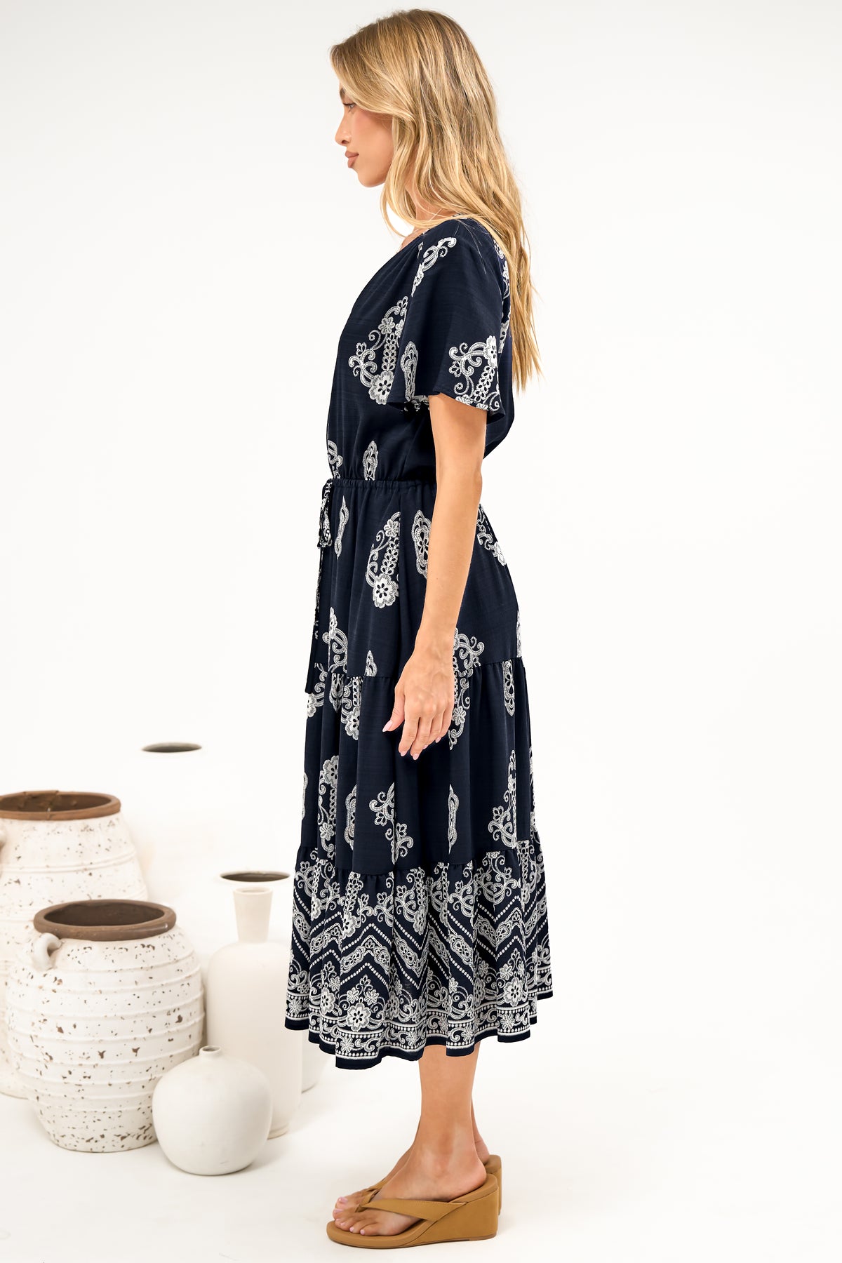 Soraya Midi Dress - V Neck Front Button A Line Dress with Adjustable Waist Tie in Azzurra Print Navy