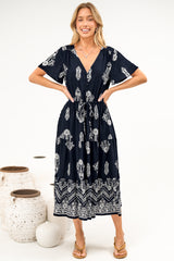 Soraya Midi Dress - V Neck Front Button A Line Dress with Adjustable Waist Tie in Azzurra Print Navy