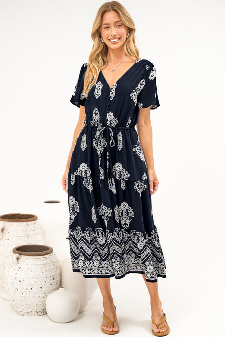Soraya Midi Dress - V Neck Front Button A Line Dress with Adjustable Waist Tie in Azzurra Print Navy