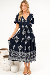 Soraya Midi Dress - V Neck Front Button A Line Dress with Adjustable Waist Tie in Azzurra Print Navy