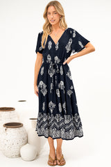 Soraya Midi Dress - V Neck Front Button A Line Dress with Adjustable Waist Tie in Azzurra Print Navy